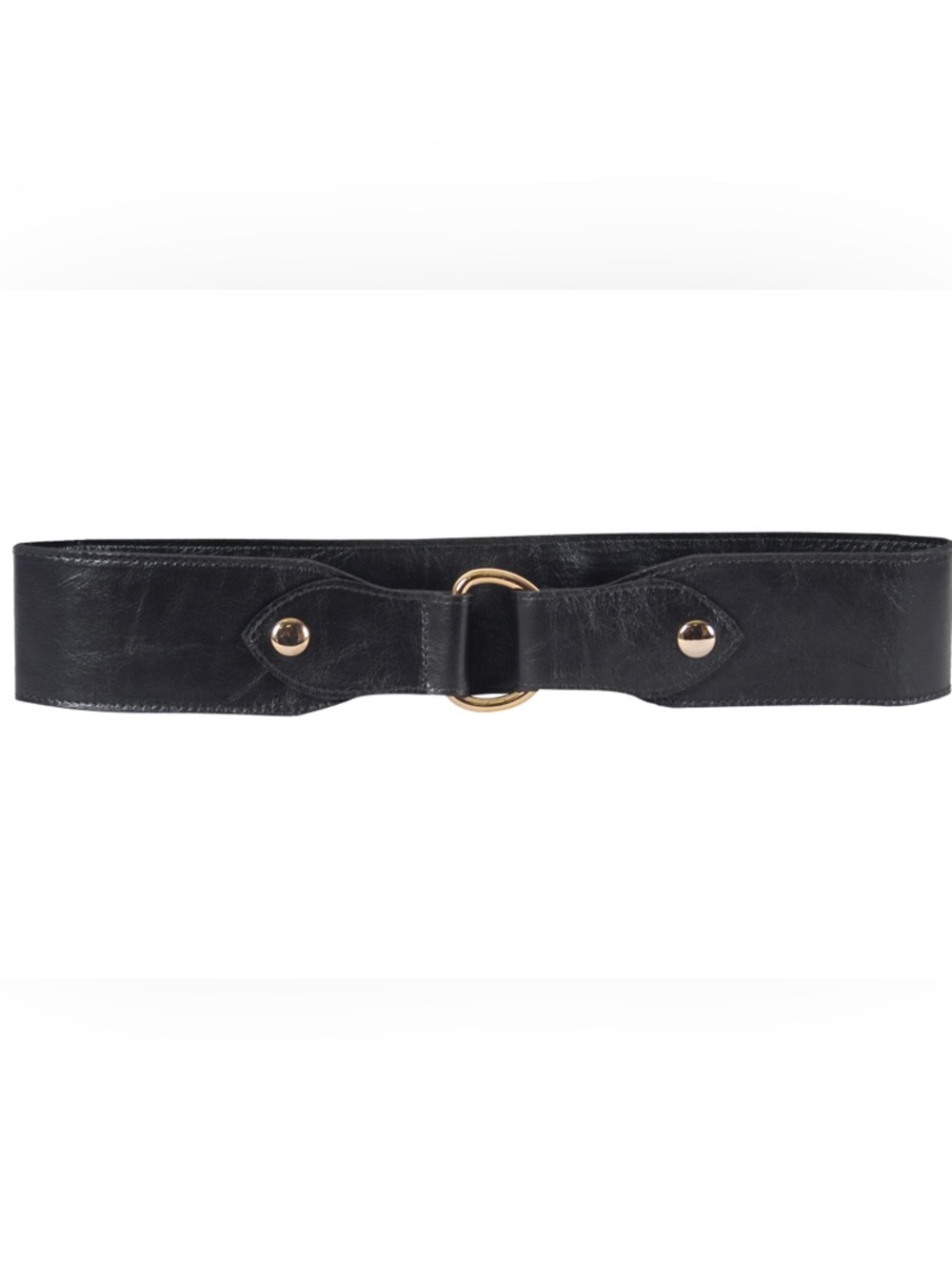 Black Italian Leather Belt with Gold DRing Detail. Adjustable Gold snap closure.